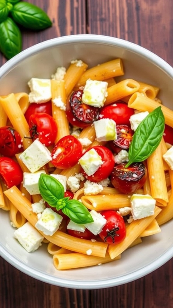 Baked feta pasta with cherry tomatoes and basil in a bowl on a rustic table.